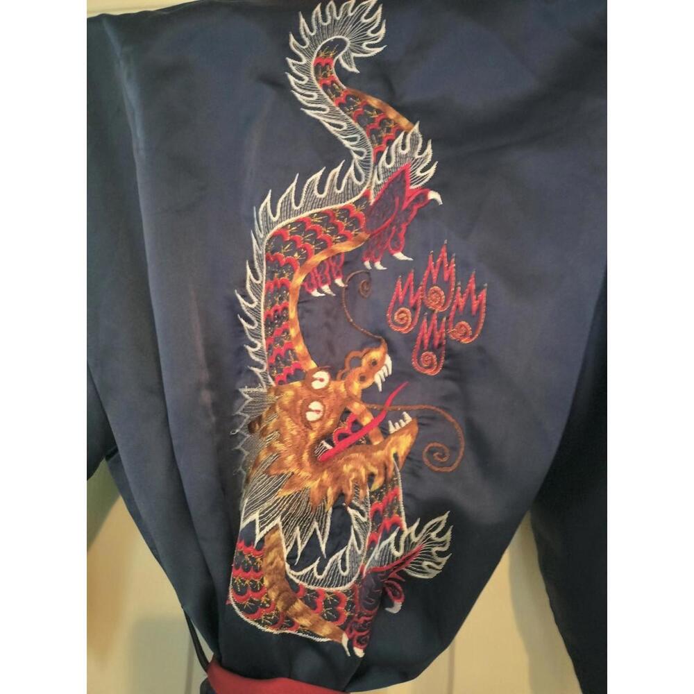 Vtg Navy With Dragon Kimono Robe Red Sash Unisex Large Big Pockets Size XS